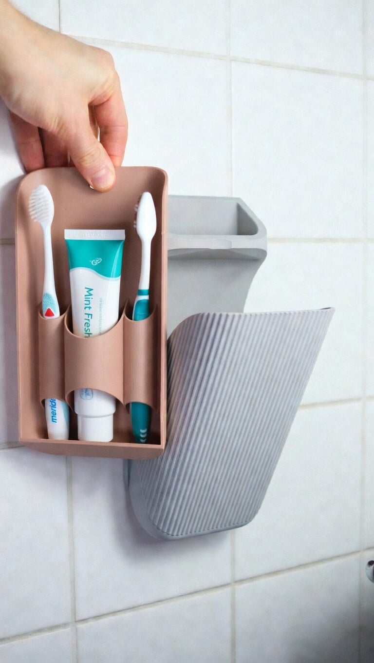 Hand holding a brown rectangular container with toothbrushes and toothpaste against a tiled wall background.