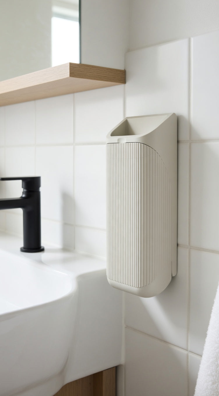White wall-mounted trash can in a bathroom with tiled walls and a sink.